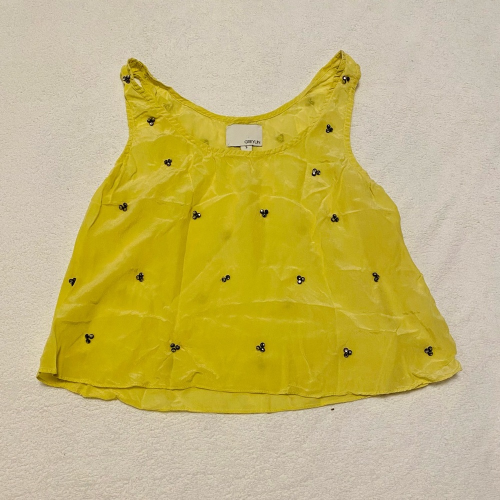 Greylin | Stylish Yellow Rhinestone Sleeveless Crop Top Shirt Blouse